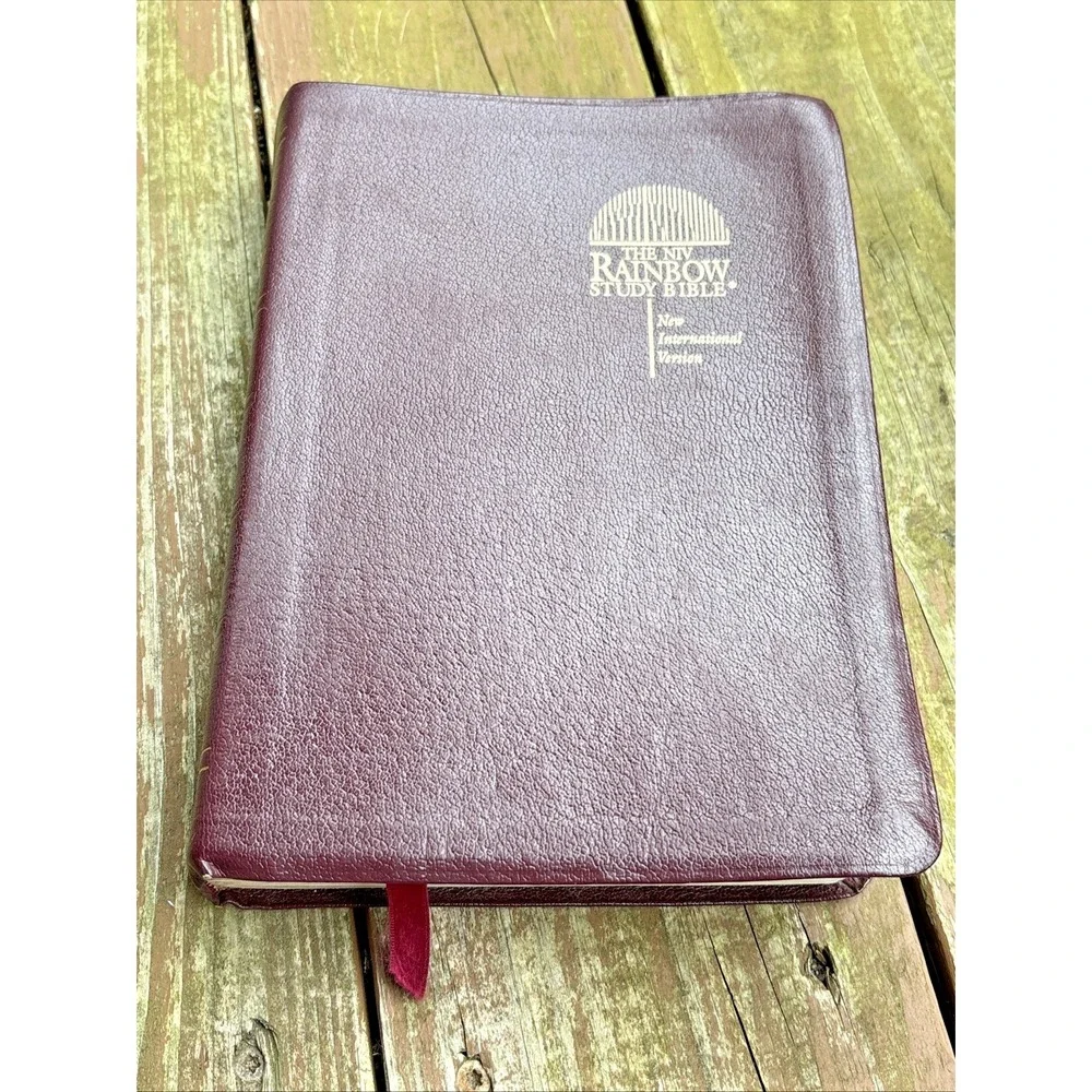 Rainbow Study Bible NIV Burgundy Red Leather Color Coded Verse Bold Line Vtg 90s